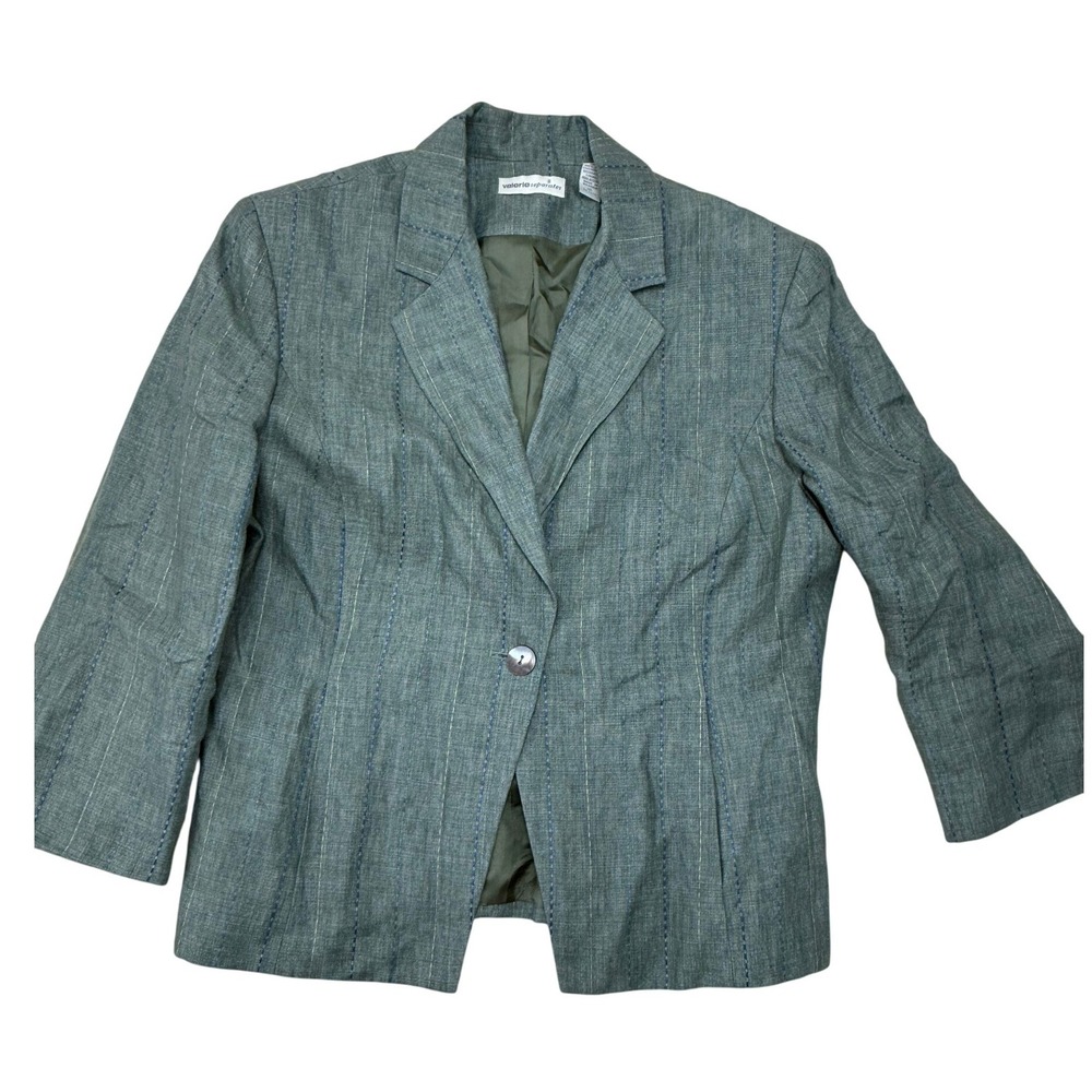 Valerie Separates Sage Green 100% Linen Blazer 3/4 Sleeve Contrast Stitch